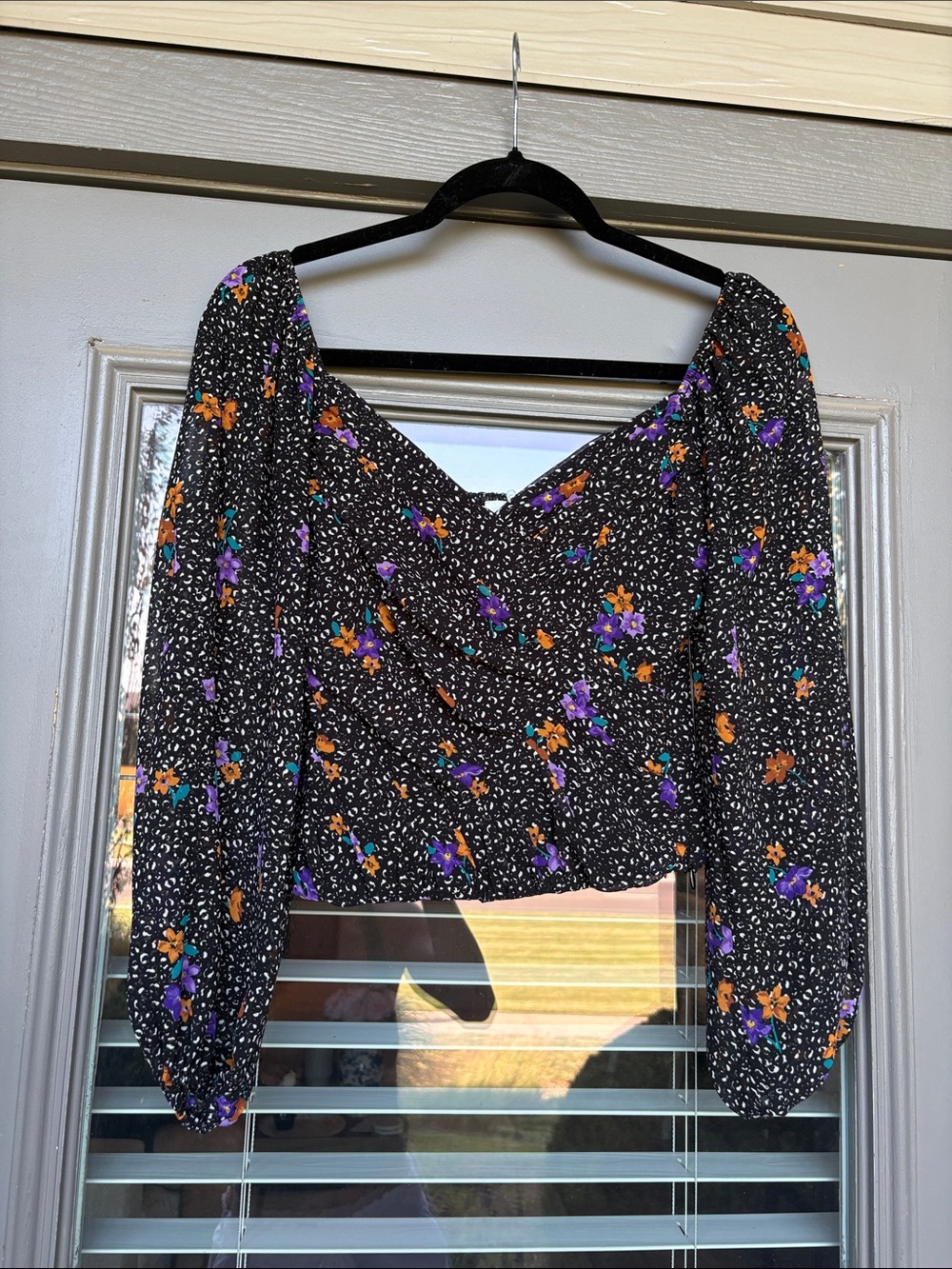 Astr Black Floral V-Neck Long Sleeve Blouse with Orange and Purple Accents